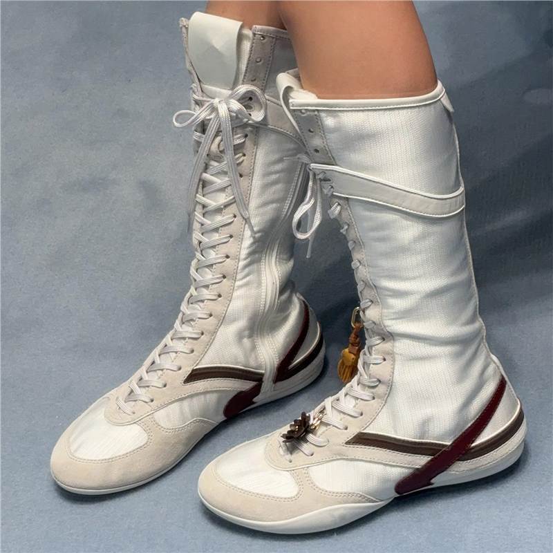 Sheepskin Version ~ Niche Miu Lightweight Soft-Soled Boots for Women, Moral Training Boxing Boots, Spliced ​​Strap Boots for Women