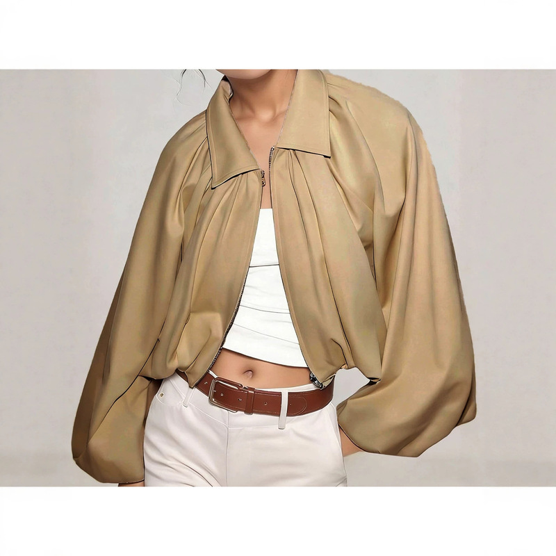 European and American Cross-Border Women's Urban Fashion Puff Sleeve Lapel Zipper Short Loose Pleated Flight Jacket