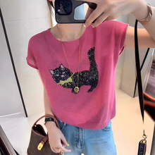 韩版猫咪印花薄款冰丝女T恤2024夏季新款宽松时尚洋气减龄针织衫