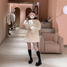 狐狸毛袖公主白千金斗篷毛呢大衣100%澳洲羊毛双面呢外套女中长款