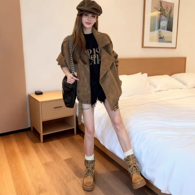 Maillard Retro Coffee-Colored Suede Motorcycle Jacket for Women, New Autumn and Winter Leather Jacket
