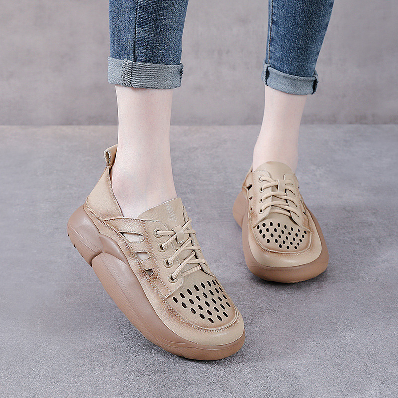 Summer New Thick Sole Round Toe Color Leather Bucket Shoes Hollow Sandals Lace-up Single-layer Cowhide Cave Shoes