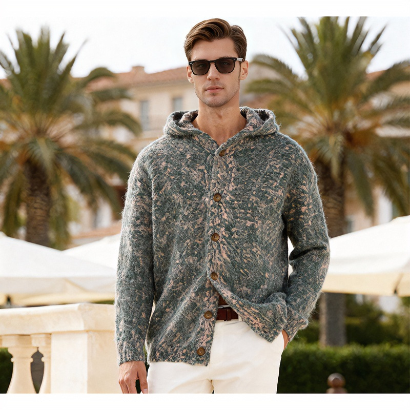 New stylish knitted cardigan for men, perfect for spring and autumn, exuding a sophisticated, relaxed vibe, and versatile knit sweater/jacket.