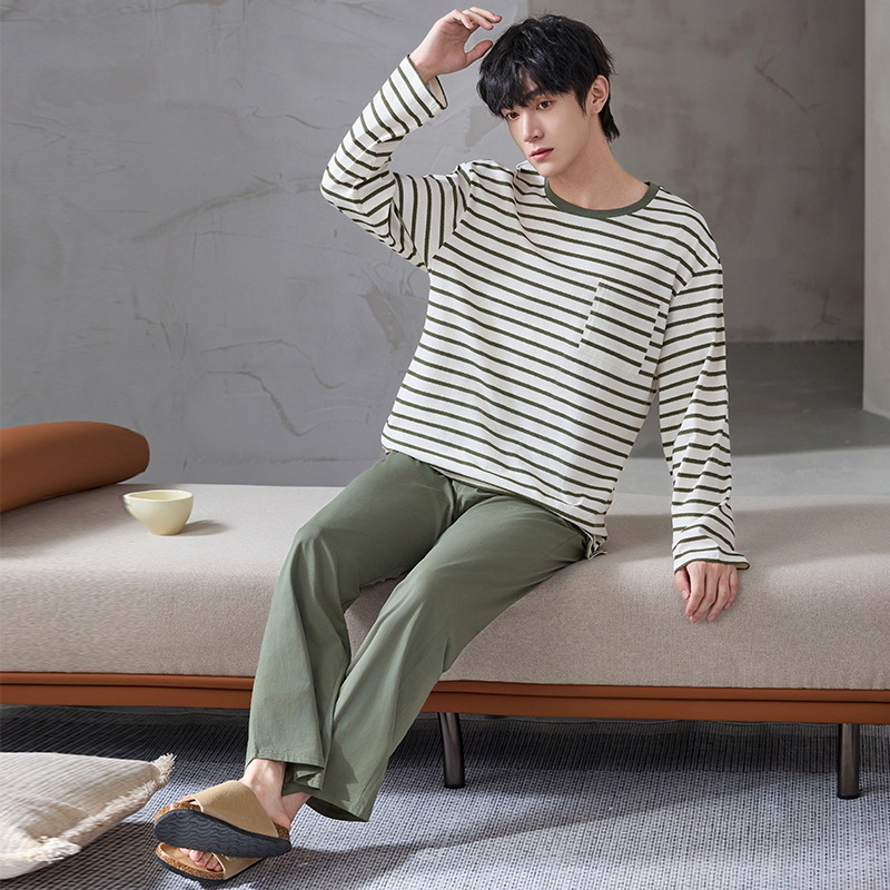 Pijamas de algodón de manga larga para hombres primavera y otoño ocio simple algodón 2024 nuevo conjunto de ropa de hogar de cuello redondo juvenil