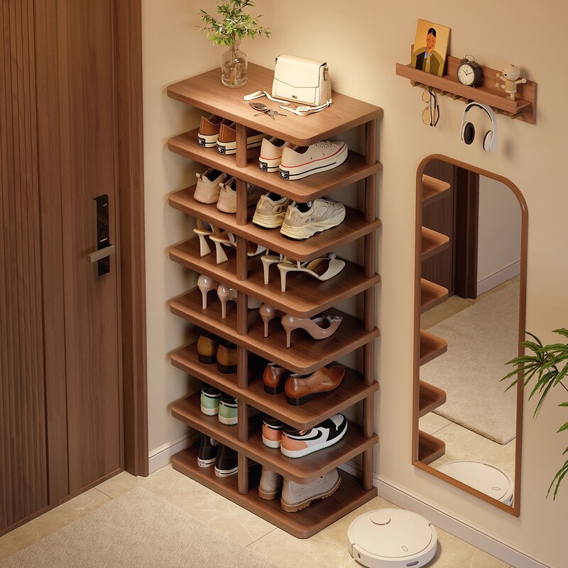 Solid Wood Shoe Rack, Simple Multi-Layer Design for Home Use, Space-Saving, Integrated Wall-Mounted Indoor Shoe Cabinet for Narrow Entryways