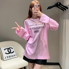 リラックス感 AC1996 ウォッシュ加工 ダメージプリント レタード レトロ ダーティ グラデーション 薄手 長袖 Tシャツ トレンド