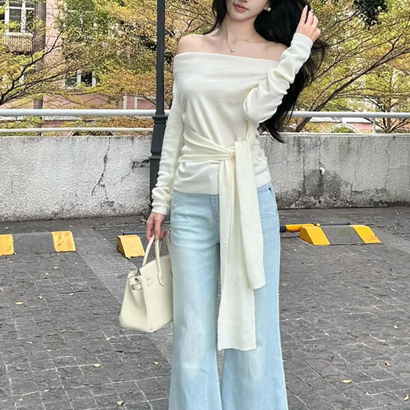 四色法式气质绑带收腰斜肩早秋针织上衣女长袖独特漂亮洋气1|undefined