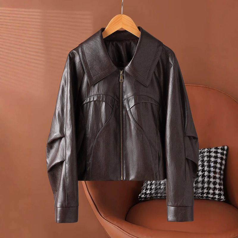 Same style as in the department store, short and loose leather jacket for petite women, stylish sheepskin casual top, women's clothing