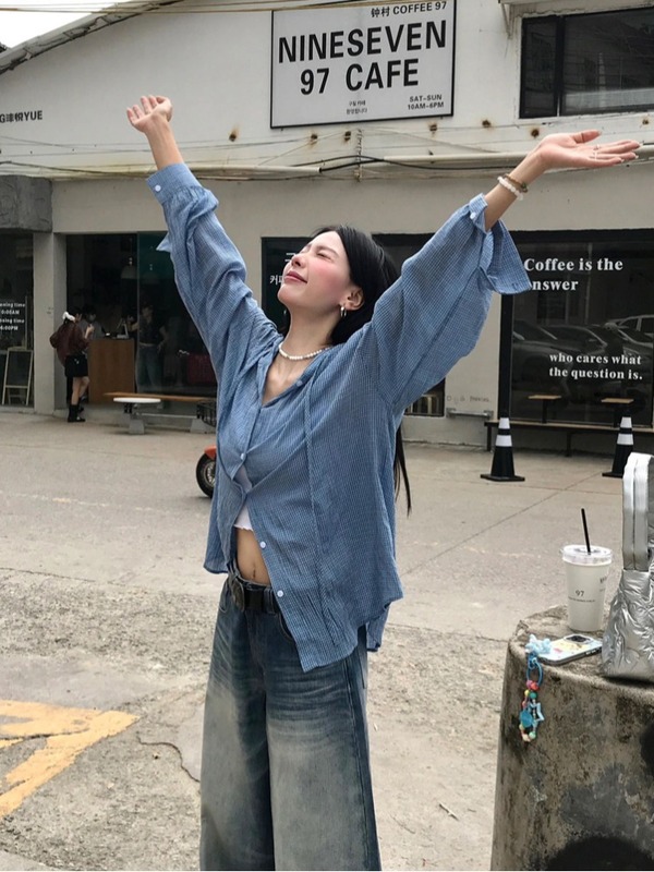 松弛感复古格纹连帽长袖衬衫女秋季2025新款外搭开衫衬衣宽松上衣|undefined