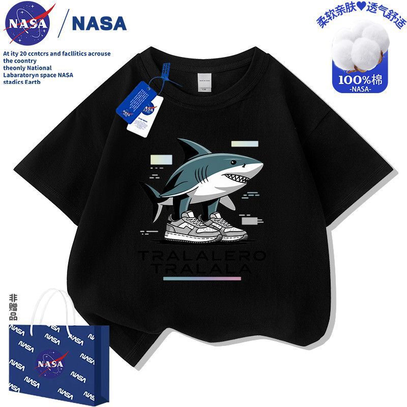 NASA 山海経 子供用 アメリカン半袖Tシャツ ウッドスティックマン 男女兼用 子供服 シューズ シャークプリント トップス|undefined