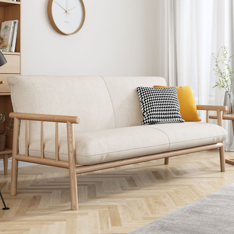 Nordic Japanese-Style Solid Wood Sofa for Small Apartments, Light Luxury Double or Three-Seater Living Room, Simple Modern Fabric Sofa