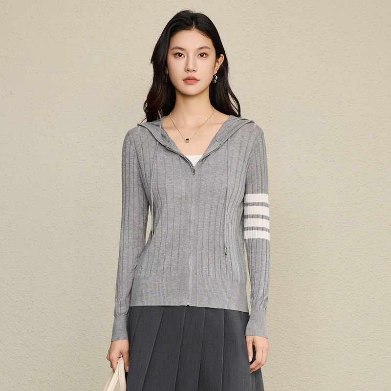 T*B Preppy Style Youthful Four-Stripe Color-Block Hooded Zipper Knit Cardigan Ribbed Slim Fit Top Jacket