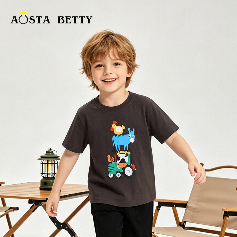 26 Summer New Boys' T-shirt, European and American style, cartoon print, children's short-sleeved T-shirt, knitted cotton children's base layer.