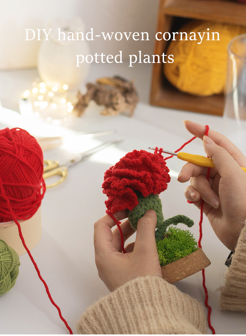 Hand-knitted double-headed carnation potted plants, finished woolen artificial flower ornaments, festival gifts, cross-border bestsellers at stalls pic 5