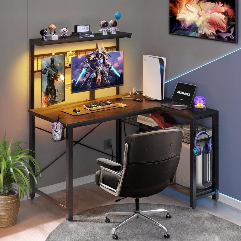 Multifunctional gaming table with storage rack, home computer desk, desktop gaming table with lighting effects and perforated board, office desk Multifunctional gaming table with storage rack, home computer desk, desktop gaming table with lighting effects and perforated board, office desk