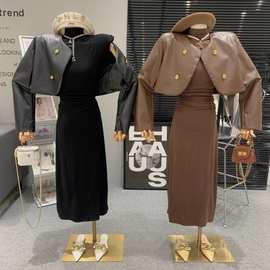 韩版复古圆领宽松皮短款皮衣外套+褶皱显瘦高领连衣裙两件套女