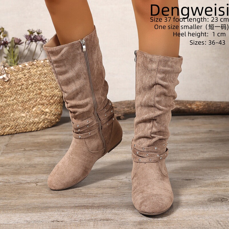 European and American Style Pleated Rivet Buckle Strap Casual Mid-Calf Boots for Women, Bohemian Flat Round-Toe Women's Boots, Large Size Women's Boots
