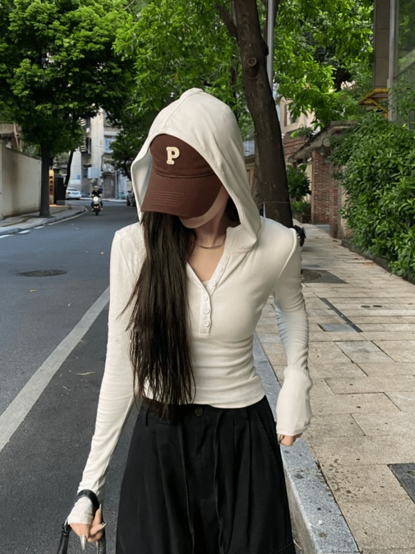 2025新款修身显瘦白色连帽长袖T恤女春季辣妹气质短款打底衫上衣|undefined