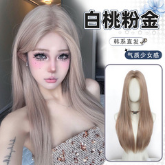 女性用千鳥ウィッグ、ロングストレートヘアの女性用ピンクウィッグ、甘くて自然でふわふわ、ファッショナブルな人工毛フルヘッドギア