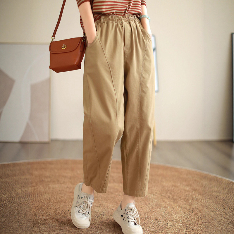 Washed Cotton Casual Harem Pants for Women Early Autumn New High-Waisted Straight-Leg Petite Slim Versatile Cropped Cargo Pants