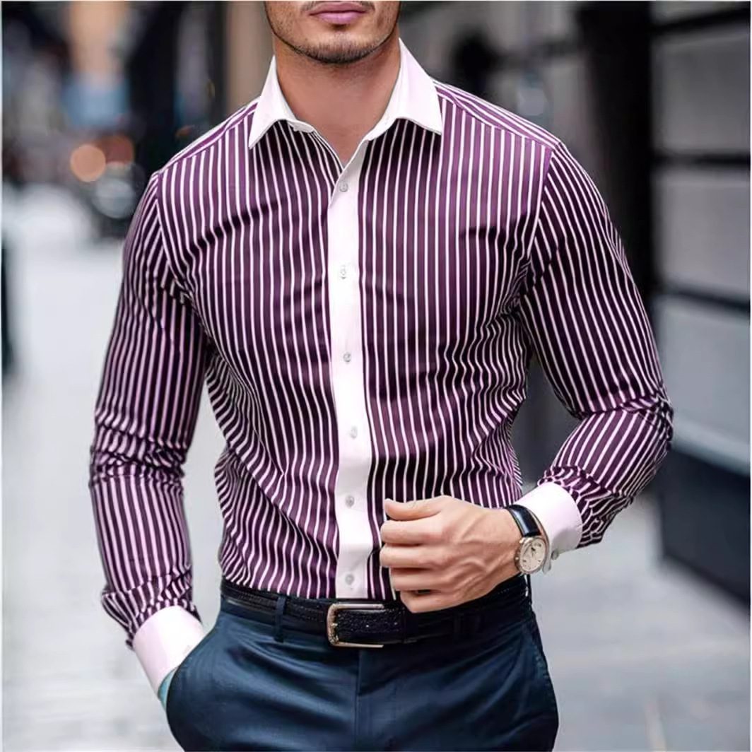 Camisa de botón de solapa de manga larga suelta nueva 2024 de todo fósforo de patrón vertical de alta calidad para hombre MB12