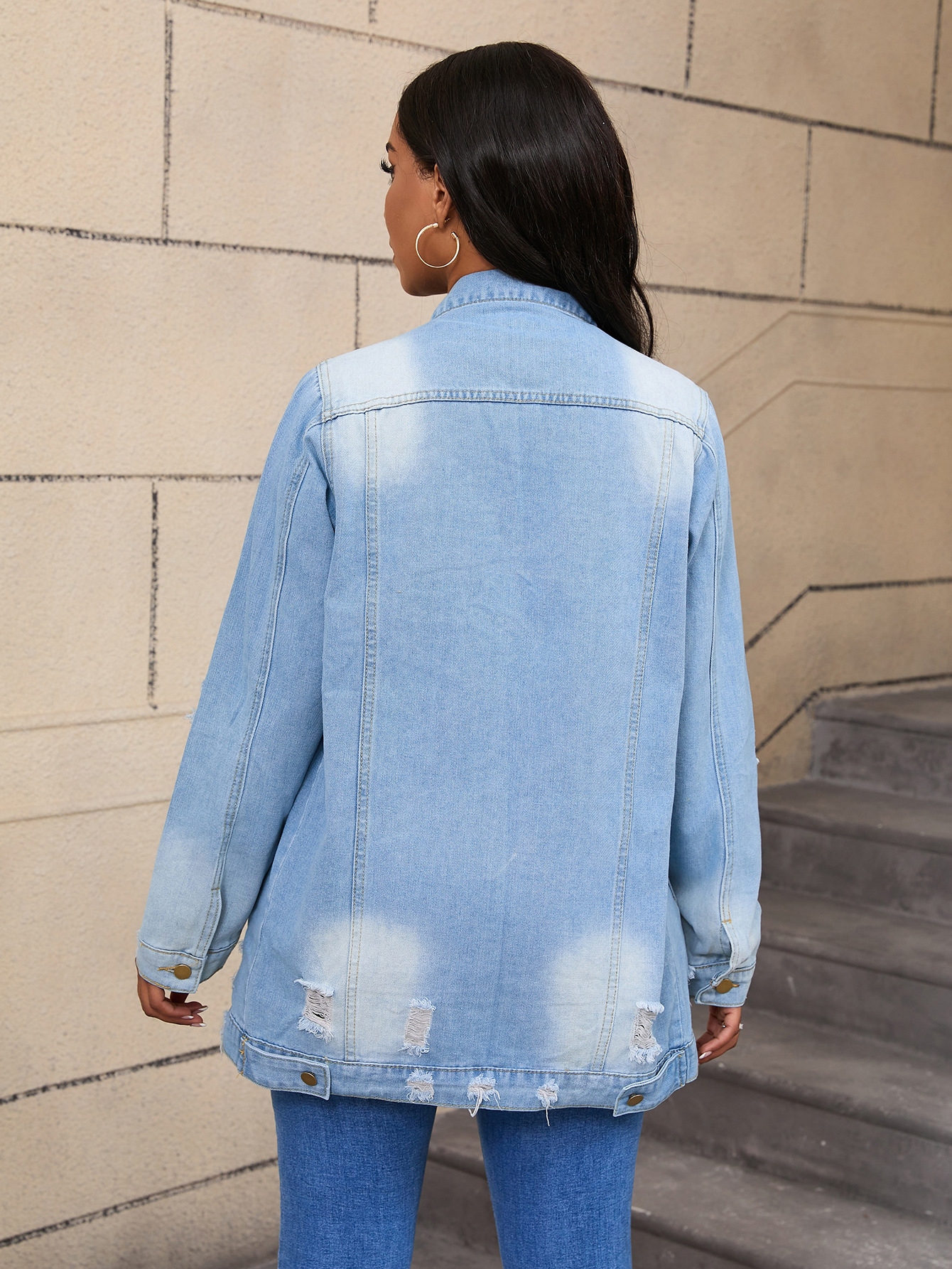 Langärmlige Distressed-Jeansjacke für Damen – Oversize-Boyfriend-Mantel (S-2XL, Urban Casual, Hell-/Tiefblau-Waschung)_voghion.com