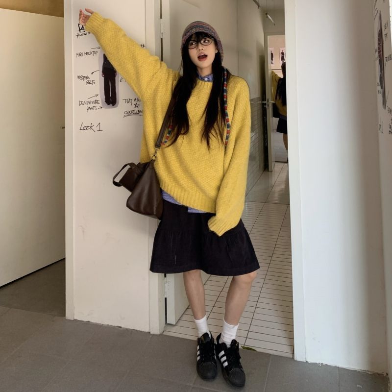 学院风时尚套装女韩系慵懒套头毛衣秋冬加厚针织衫百搭衬衫两件套|undefined