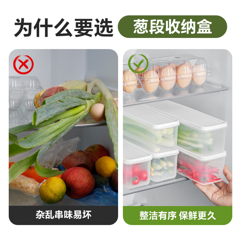 Caja de almacenamiento de refrigerador Caja de conservación de alimentos para el hogar Cebolla verde y cilantro Caja sellada larga Caja de almacenamiento de fideos de granos de cocina