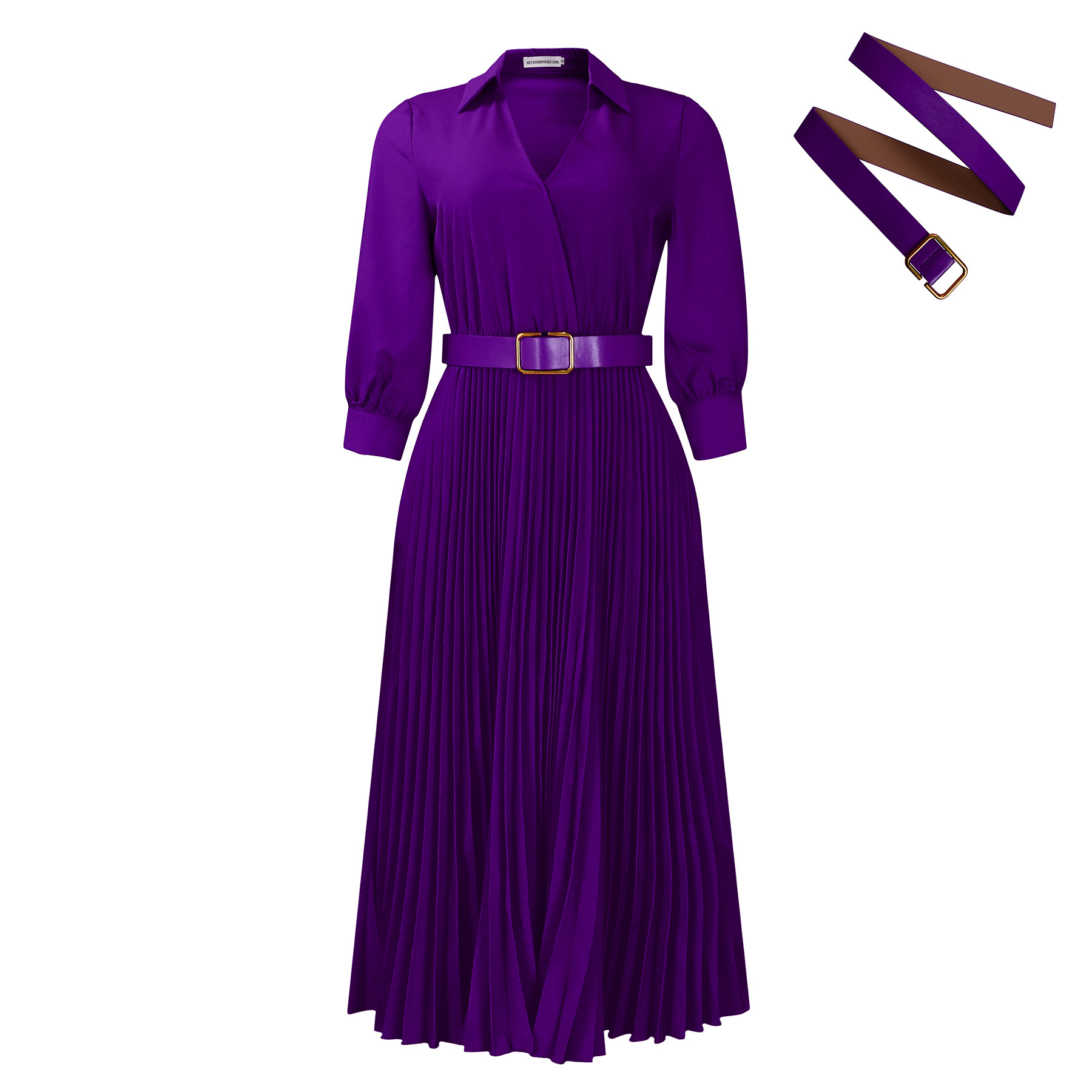 V Neck Long Sleeve Dress Solid Color Pleated Design Flowy Skirt Spring Fashion for Women Wholesale Available