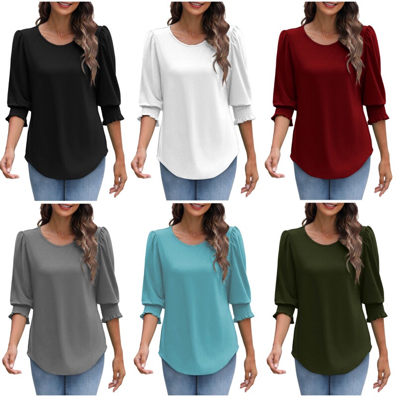 Amazon 2025 Spring New European and American Loose Round Neck Casual 3/4 Long Sleeve Women's Top