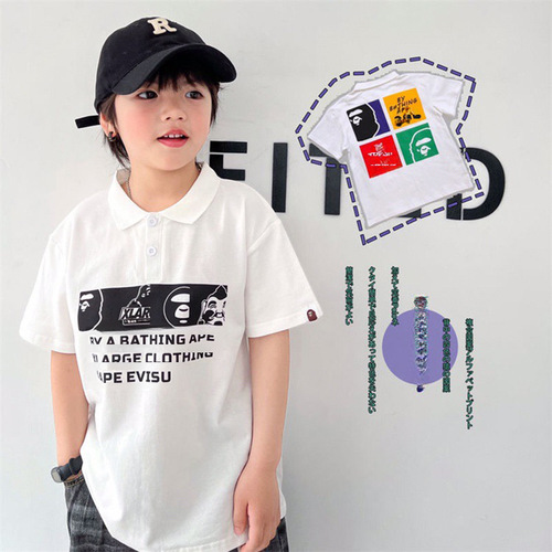 Ins Japanese-style boy trend brand T-shirt summer new baby cartoon monkey letter print Polo shirt stand-up collar top