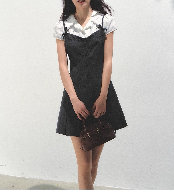 SunsetPark サンセットパーク「プリティシスター」カレッジ風フェイクツーピースデザインプリーツドレス女性用|undefined