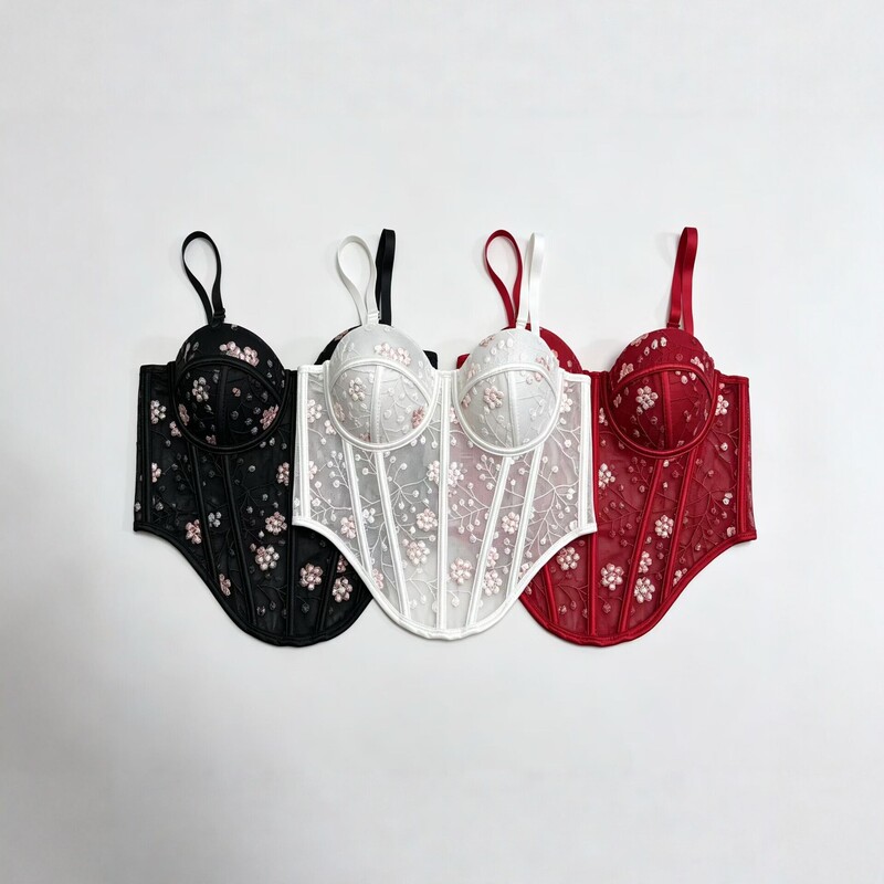 Embroidered Floral Fishbone Corset for Women, Slim-Fit Mesh Camisole, Lace Top for Outerwear, Exclusively for Cross-Border Sales Embroidered Floral Fishbone Corset for Women, Slim-Fit Mesh Camisole, Lace Top for Outerwear, Exclusively for Cross-Border Sales