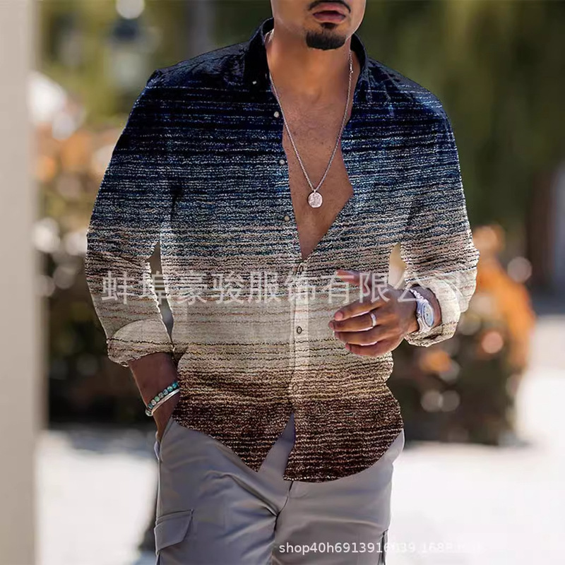 Fashion men's shirt single chest shirt casual three-color printed long sleeve top men's clothing Hawaiian party open