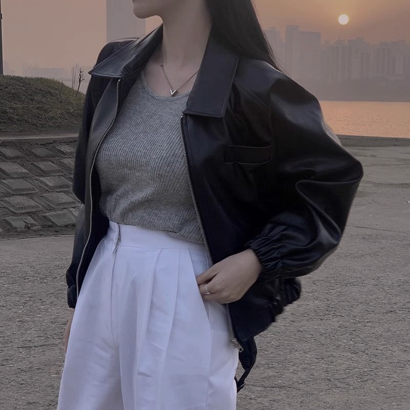 短款皮衣外套女春秋2025新款韩版宽松小众休闲百搭翻领长袖上衣女|undefined