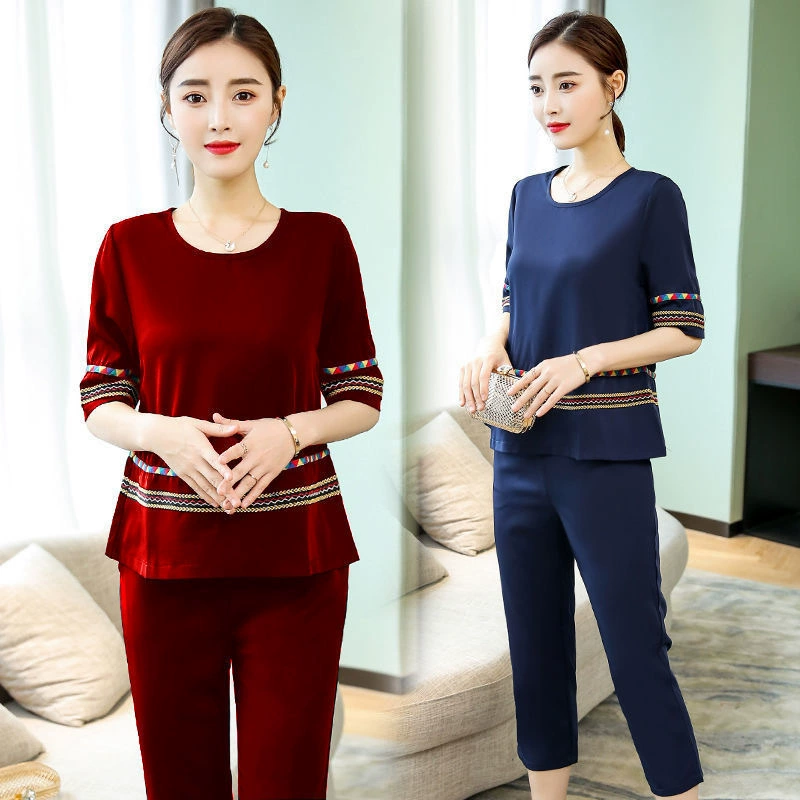 Женская одежда больших размеров в этническом стиле, костюм для похудения в западном стиле, Летний Новый комплект из двух предметов с короткими рукавами для полных девочек, закрывающих живот и уменьшающих возраст