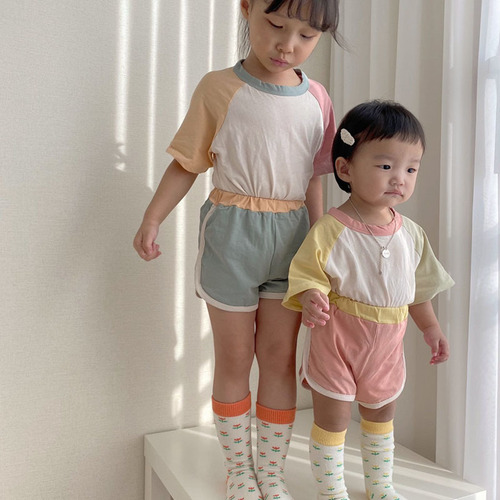 Korean style summer suit for infants and toddlers, simple casual contrasting color patchwork short-sleeved T-shirt + shorts cotton baby two-piece set