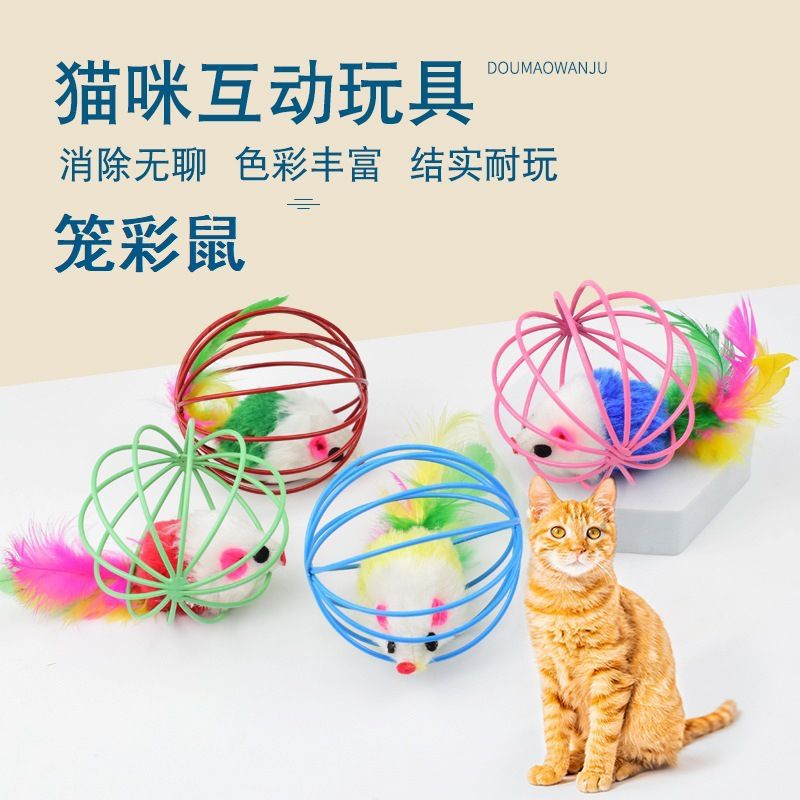 도매 고양이 장난감 케이지 마우스 컬러 깃털 컬러 페인트 와이어 케이지 고양이 장난감 케이지 마우스 고양이 셀프 하이 장난감