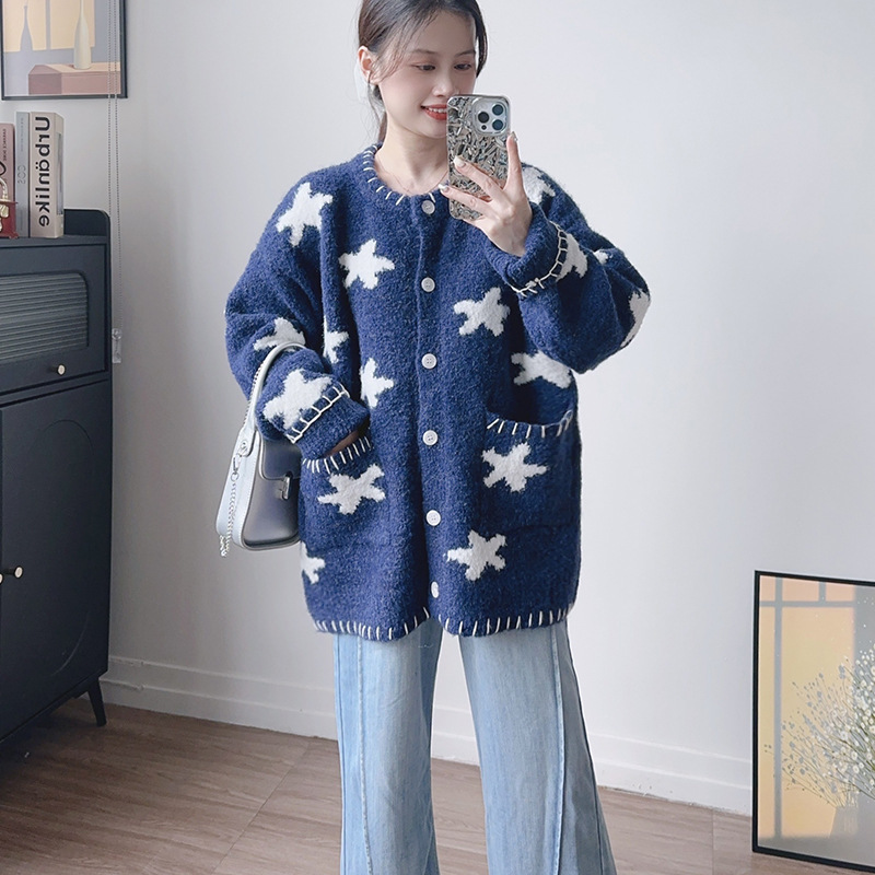 重工宽松慵懒风毛衣外套秋冬季新款女装圆领星星设计感针织开衫潮|undefined