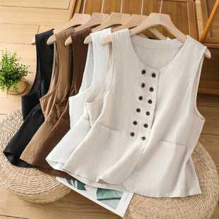 Real Shot of Retro Sand-Washed Cotton and Linen Vest for Women, Loose Round Neck Single-Breasted Sleeveless Vest Top Jacket