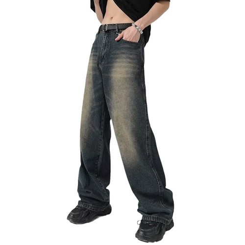 Cross-border casual versatile retro yellow mud color washed jeans men loose straight tube high street wide-legged long pants 