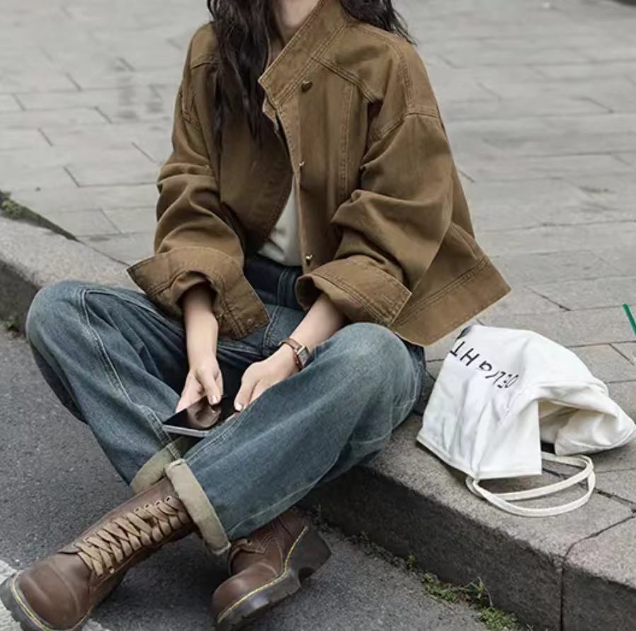 New autumn retro brown denim short jacket for women, stand collar workwear jacket top, cross-border dropshipping available.