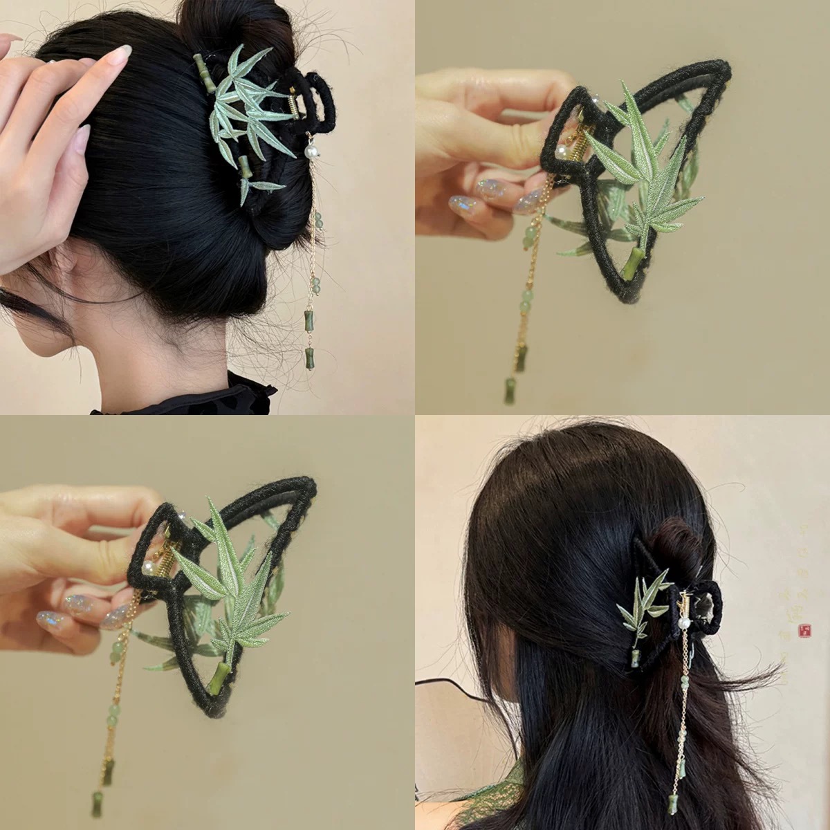 new chinese style bamboo leaf tassel grip large ancient style hair female back head shark clip high sense headdress for han chinese clothing