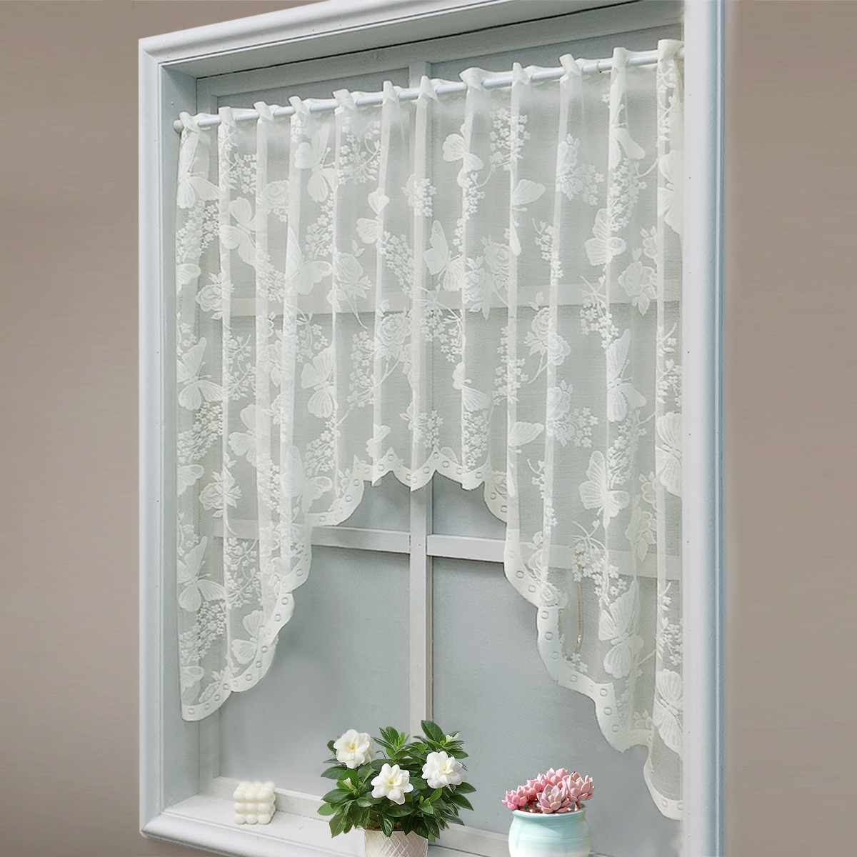 Nuevo encaje tejido por urdimbre transfronterizo, flor de amor de mariposa, cortina de pantalla de ventana, cortina de café, cortina de partición de cocina, TEMU