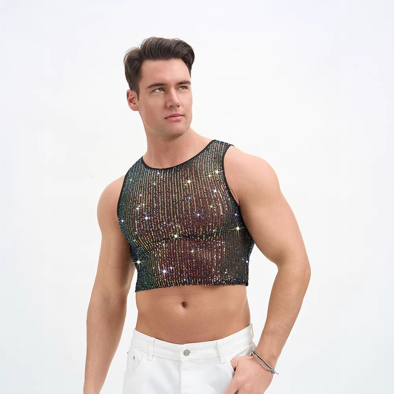 2026 New Men's Clothing Amazon European and American Men's Party Vest Men's Nightclub Rhinestone Top Sequin Personalized Clothing 2026 New Men's Clothing Amazon European and American Men's Party Vest Men's Nightclub Rhinestone Top Sequin Personalized Clothing
