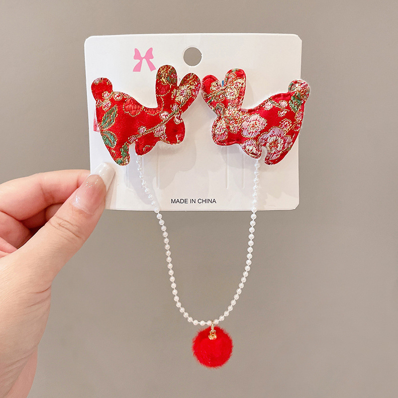 2023 niñas lindo conejo horquilla borla horquilla BB clip accesorios para el cabello rojo Año Nuevo lado clip accesorios para el cabello tocado