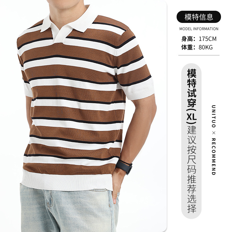 Europa y Estados Unidos transfronterizos hielo de punto polo camiseta de hombre de alto nivel de negocios ocio rayas de verano de manga corta camiseta