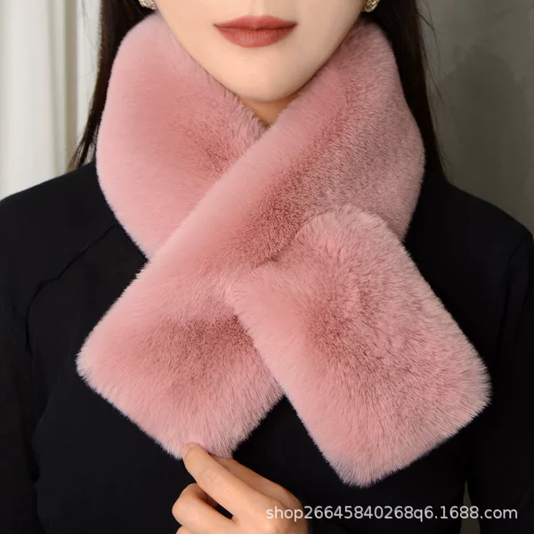 New Style Cross Neck Wool Collar Shawl Imitation Rex Rabbit Fur Whole Skin Scarf Women's Winter Double-sided Plush Thickened Warm