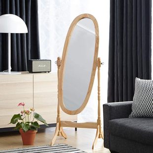 Retro Solid Wood Home Dressing Mirror Floor-Standing Round French Full-Length Mirror Ins Style Popular Girl Nostalgic Fitting Mirror