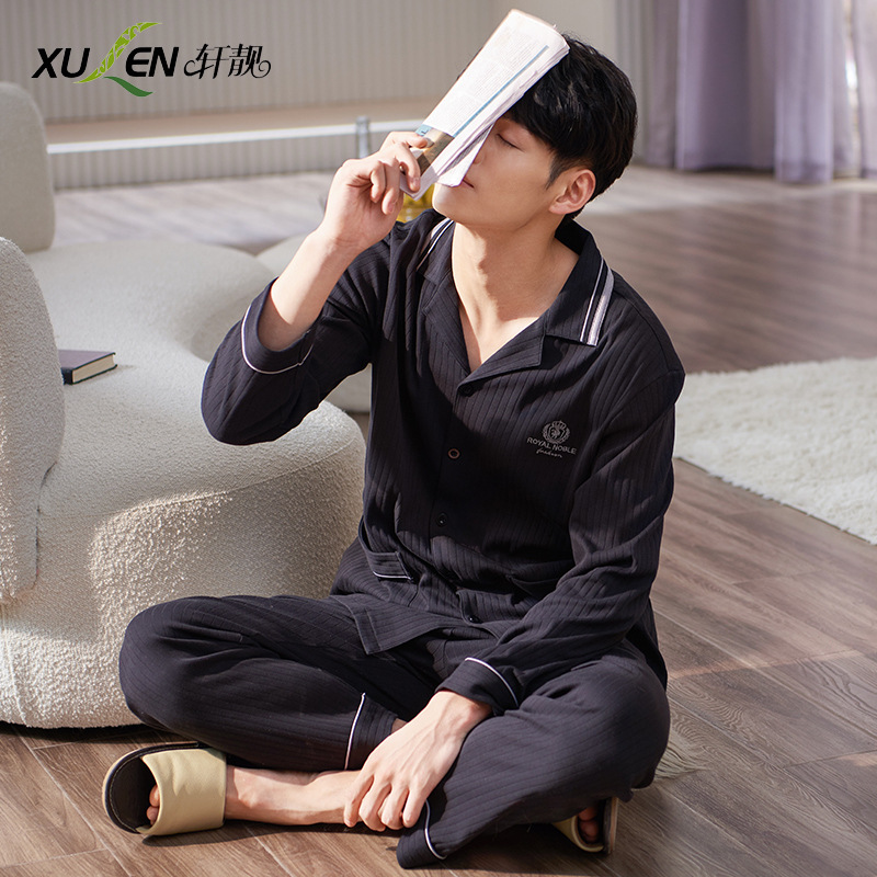 Pijamas de los hombres de primavera y otoño 100% algodón de manga larga más tamaño de los hombres sueltos de ropa para el hogar de otoño e invierno cardigan traje